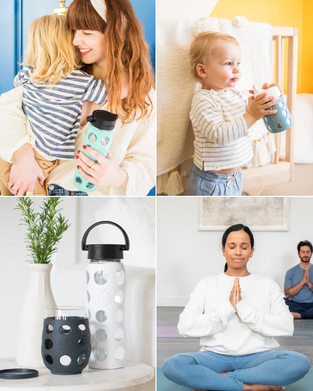 Collection of Lifefactory lifestyle photography featuring yoga, toddler holding a sippy cup, glass water bottle and stemless wine glass, and a mother hugging her daughter while holding a glass water bottle.